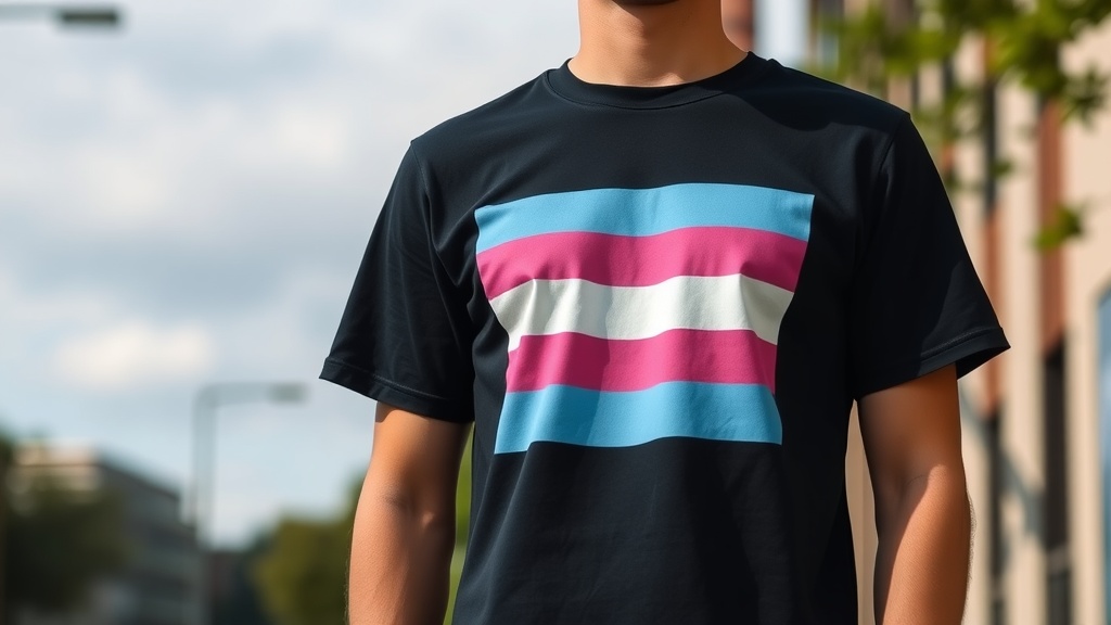 A person wearing a black t-shirt featuring the transgender pride flag design