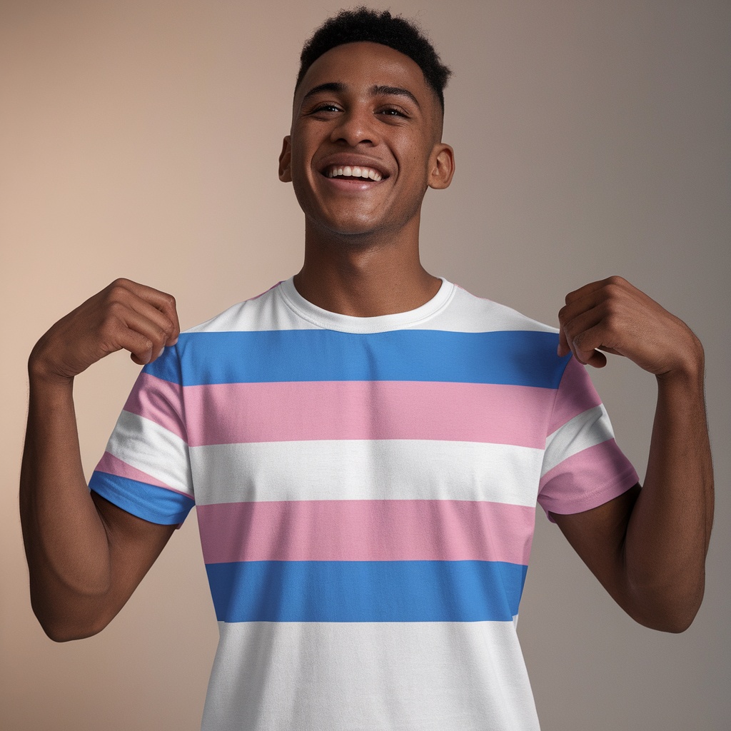 A smiling individual wearing a Transgender Pride Flag T-Shirt with pink and blue stripes.