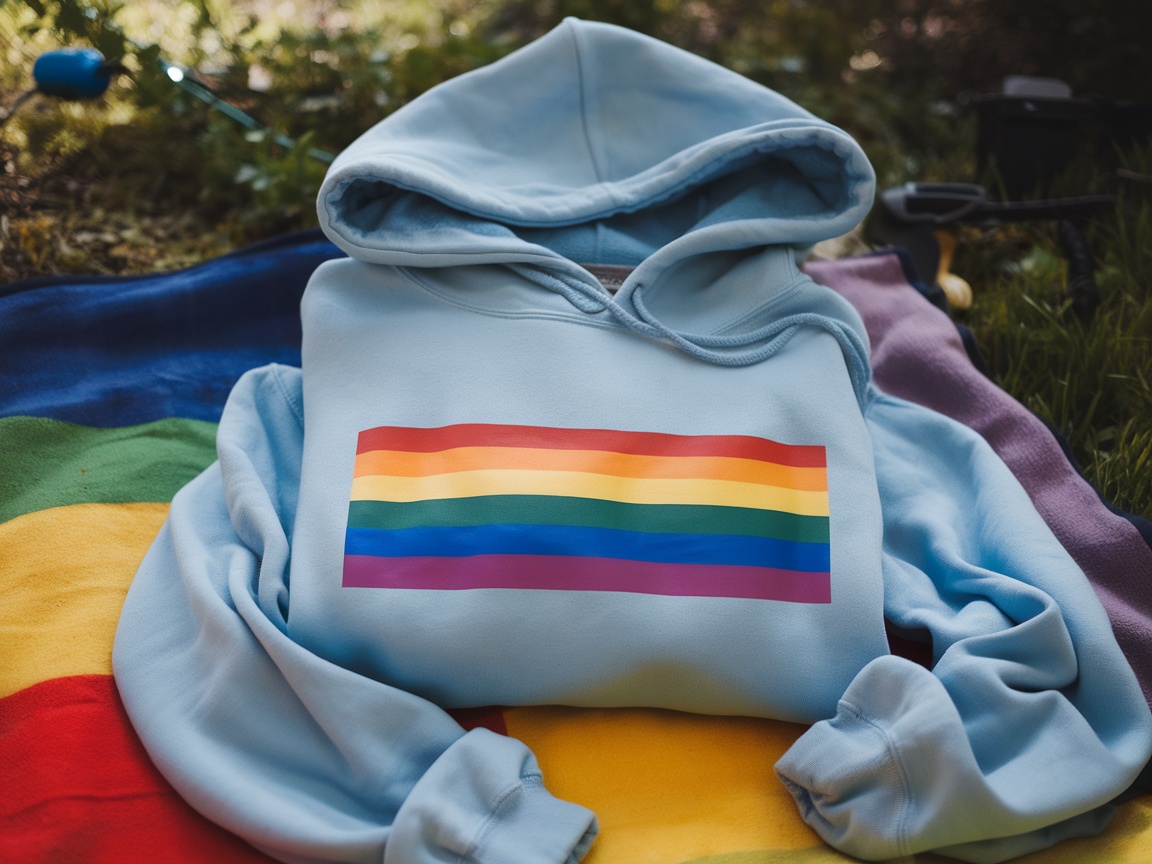 Two smiling girls posing with a Transgender Pride Hoodie on a picnic blanket.