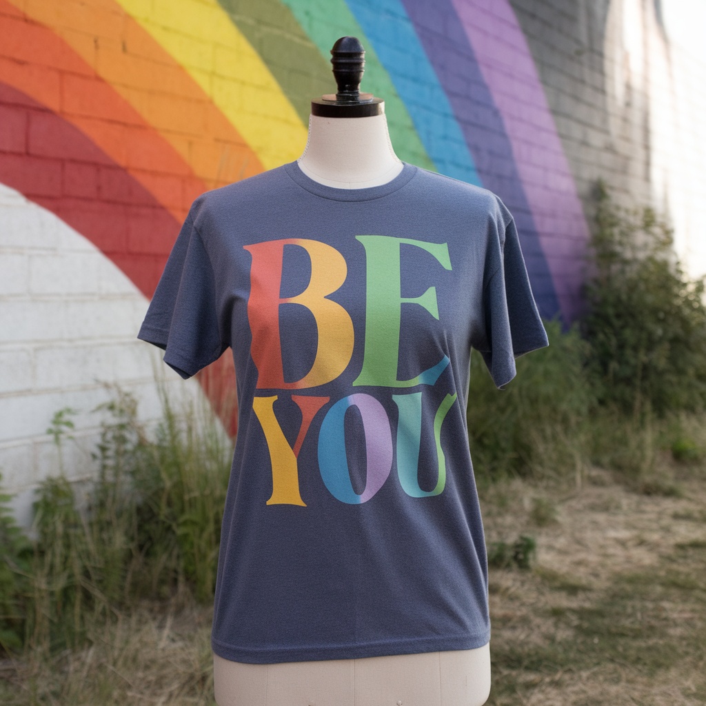 A 'Be You' t-shirt displayed in front of a rainbow mural