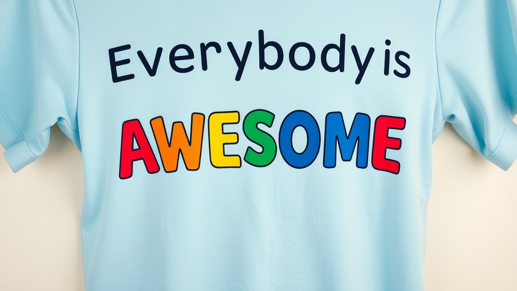 A light blue t-shirt with the text 'Everybody is AWESOME' in colorful letters.