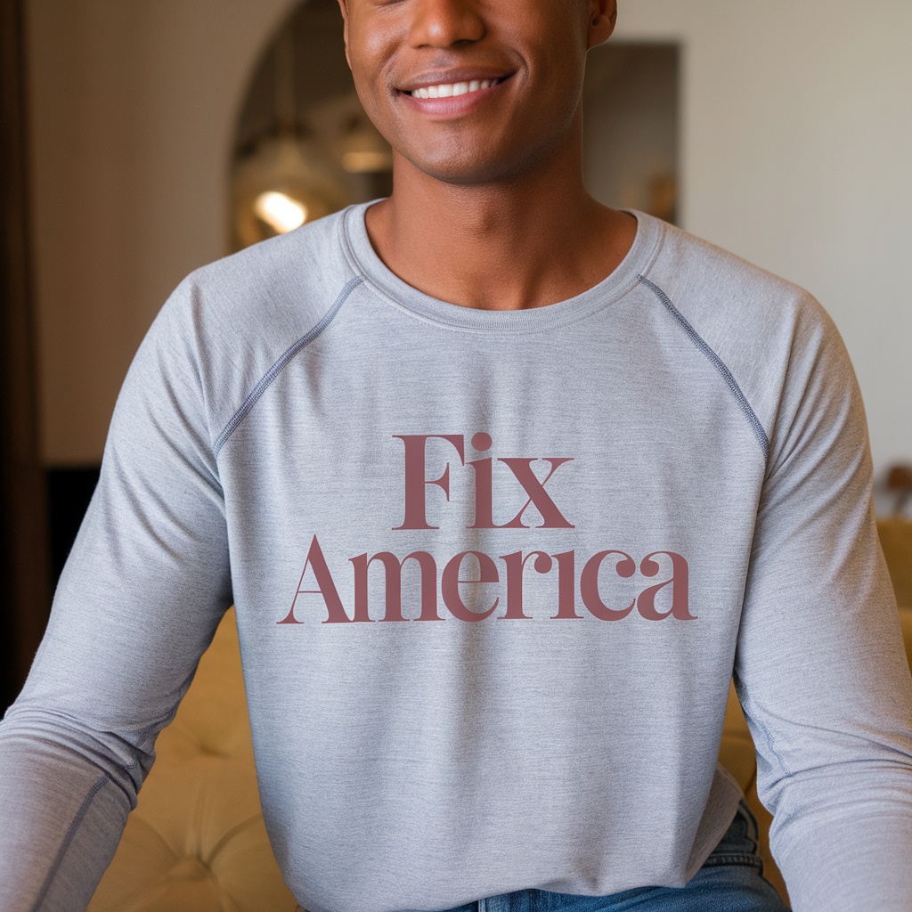 A person smiling while wearing a gray long sleeve shirt with the text 'Fix America'.