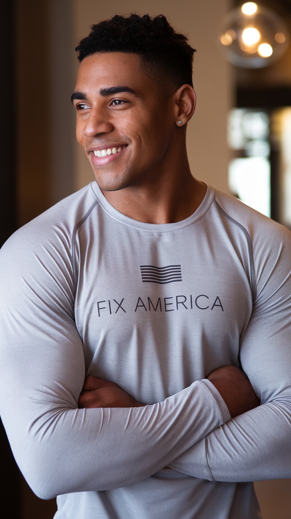 A person wearing a Fix America Long Sleeve Shirt, smiling