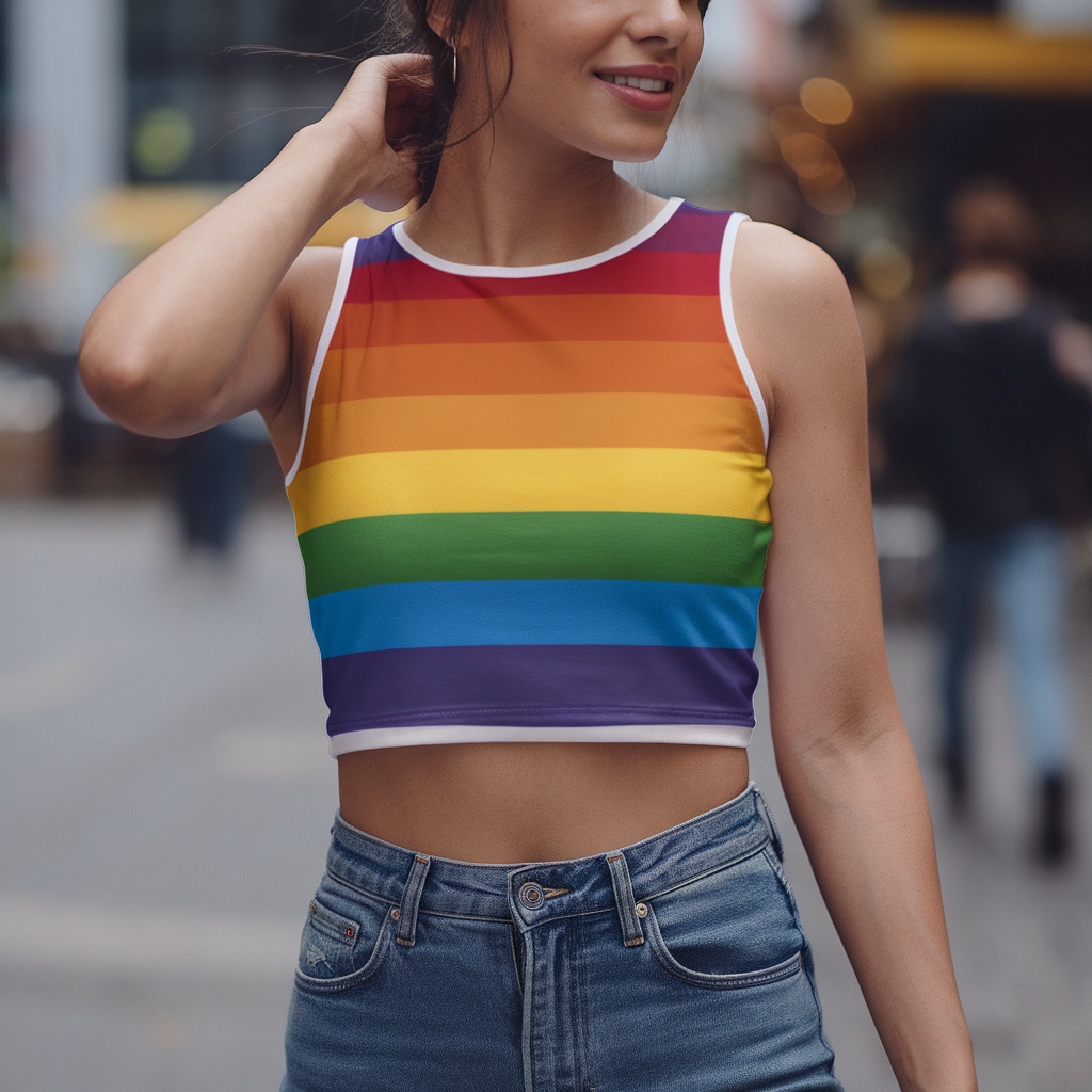 A woman wearing a rainbow striped crop top, smiling and enjoying the outdoors.