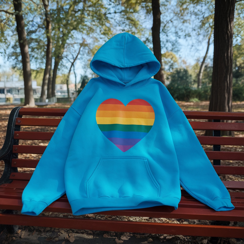 Blue hooded sweatshirt with a rainbow heart design on a bench in a park