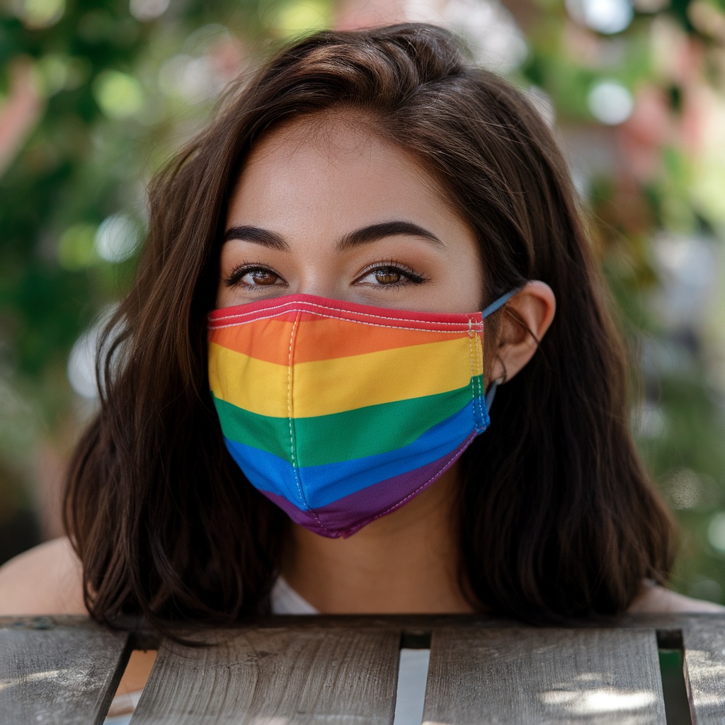 A person wearing a rainbow pride face mask.