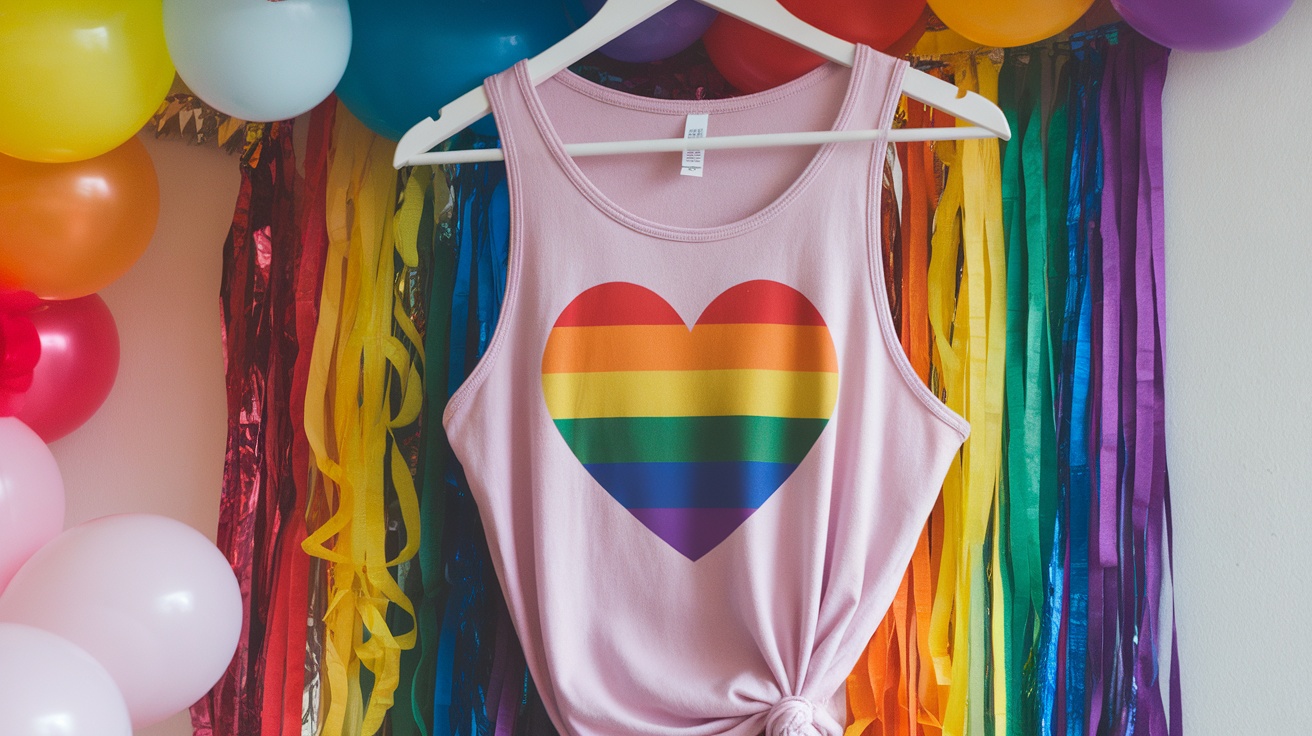A pink tank top with a rainbow heart design, hanging against colorful decorations.