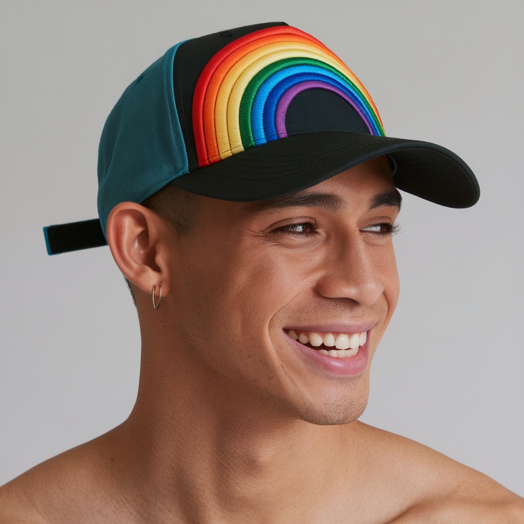 A smiling person wearing a colorful Pride Rainbow Cap with a rainbow design.