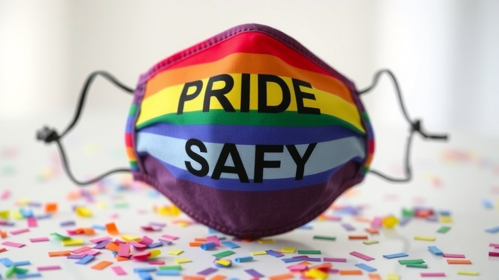 A colorful pride rainbow face mask with the words 'PRIDE SAFE'.