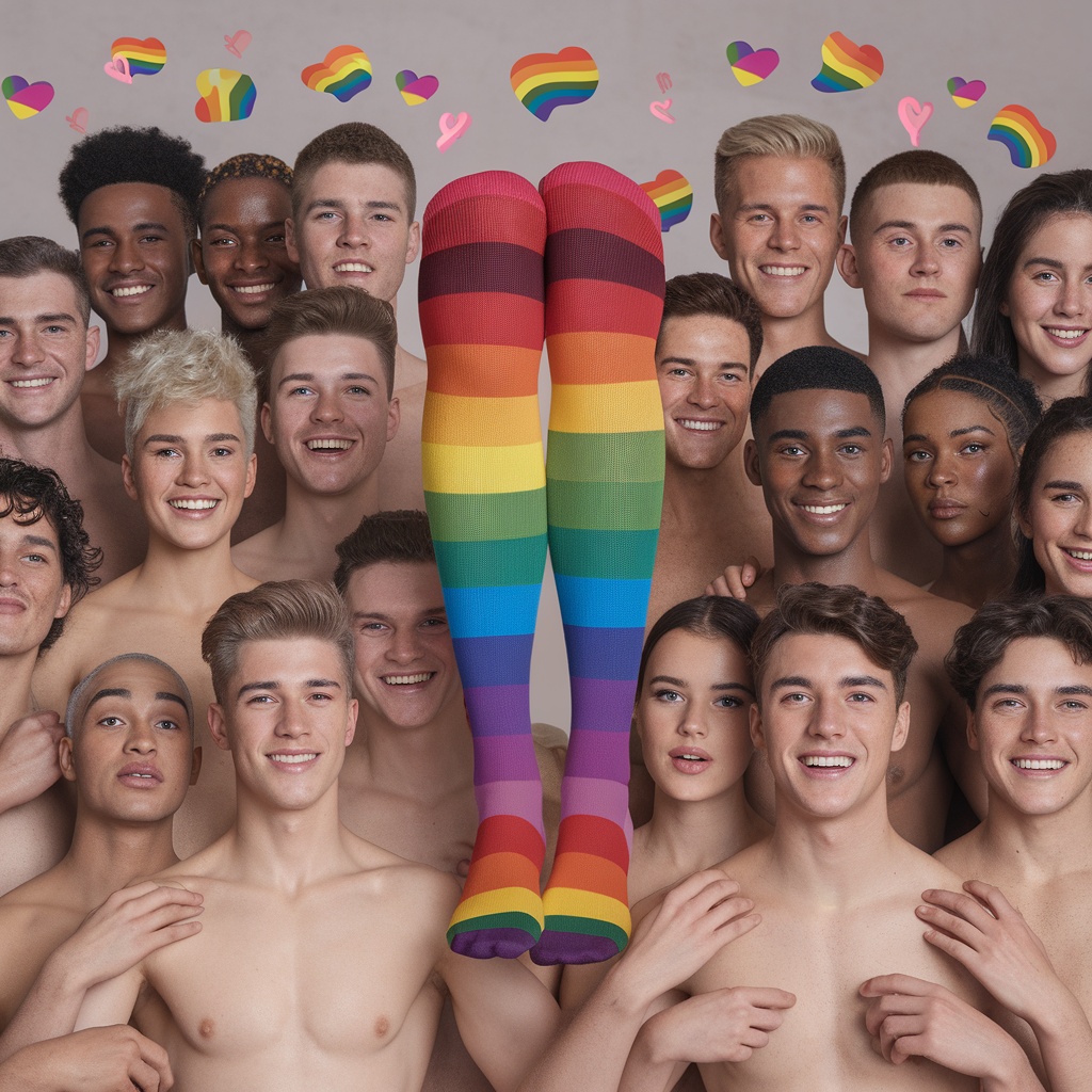 A group of smiling people surrounding colorful rainbow socks.