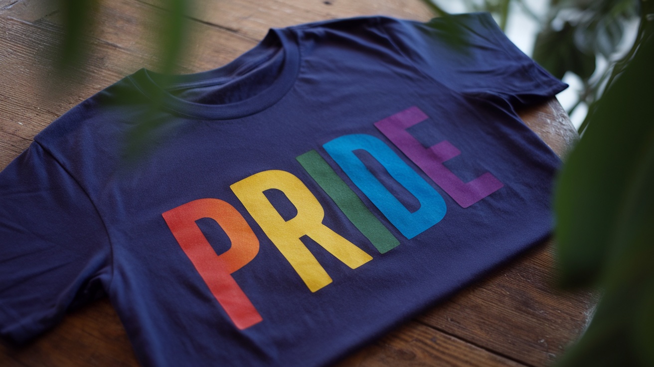 Pride Rainbow Text T-Shirt laying on a wooden surface