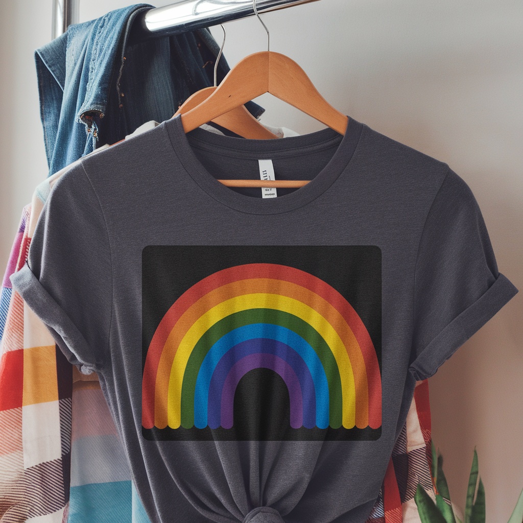 A gray t-shirt featuring a colorful rainbow graphic, hanging on a rack.