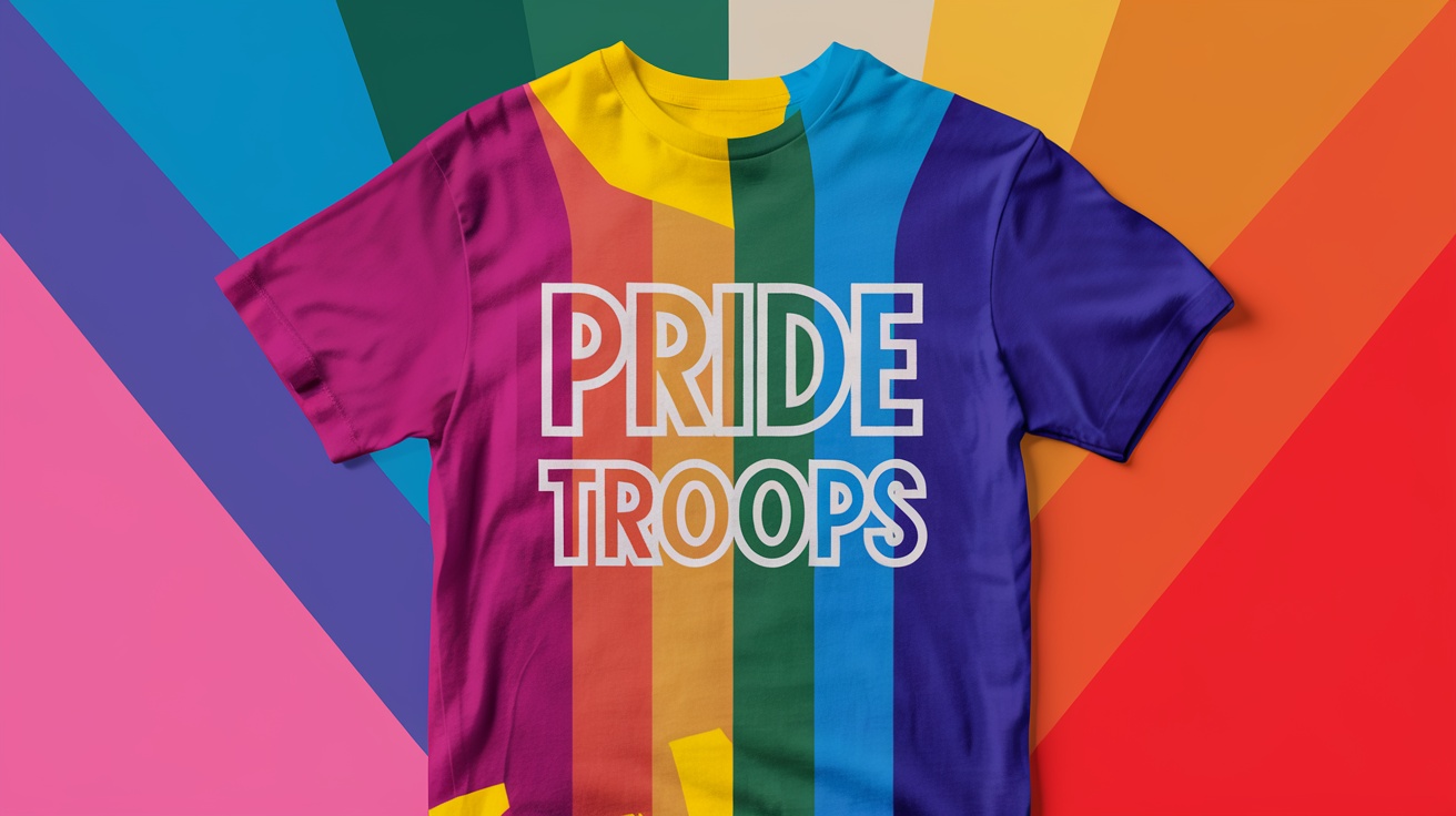Pride Troops T-Shirt design featuring colorful lettering against a rainbow background