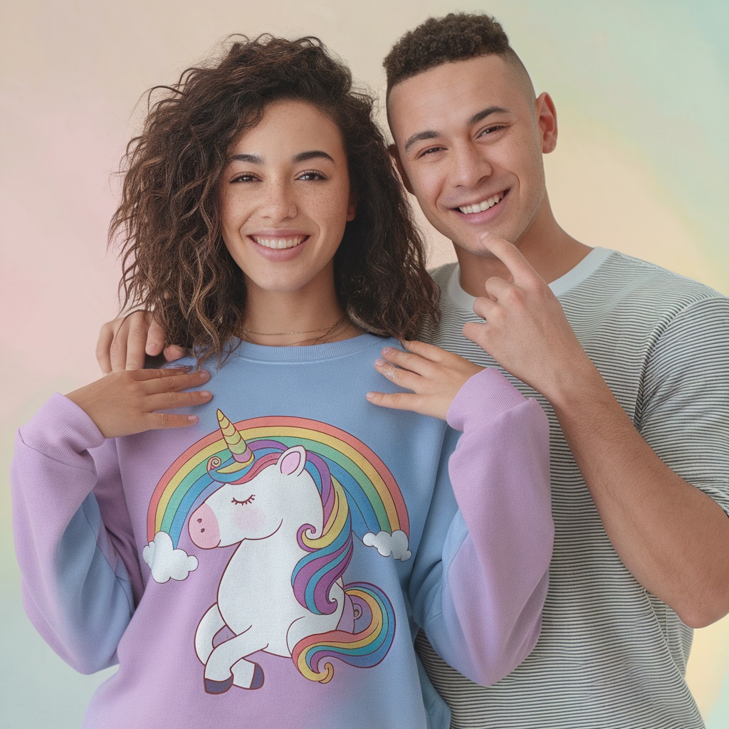 A joyful couple wearing a colorful unicorn sweatshirt, showcasing its vibrant design.