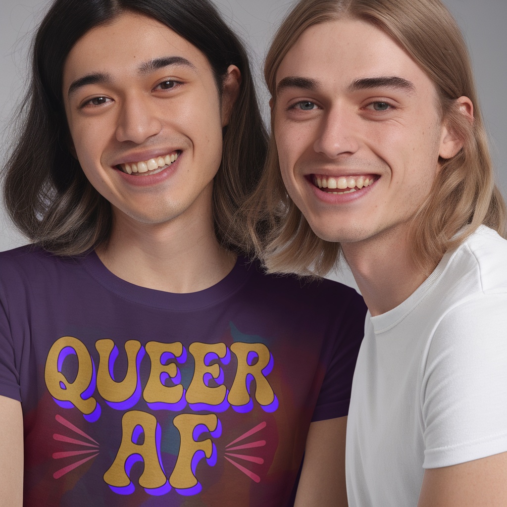 Two people smiling, one wearing a Queer AF graphic tee