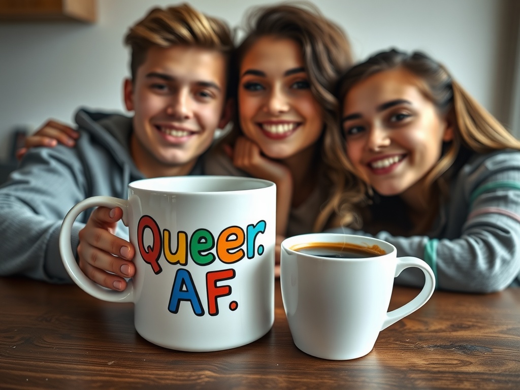 A large mug with the text 'Queer AF' in colorful letters, with three smiling friends in the background.