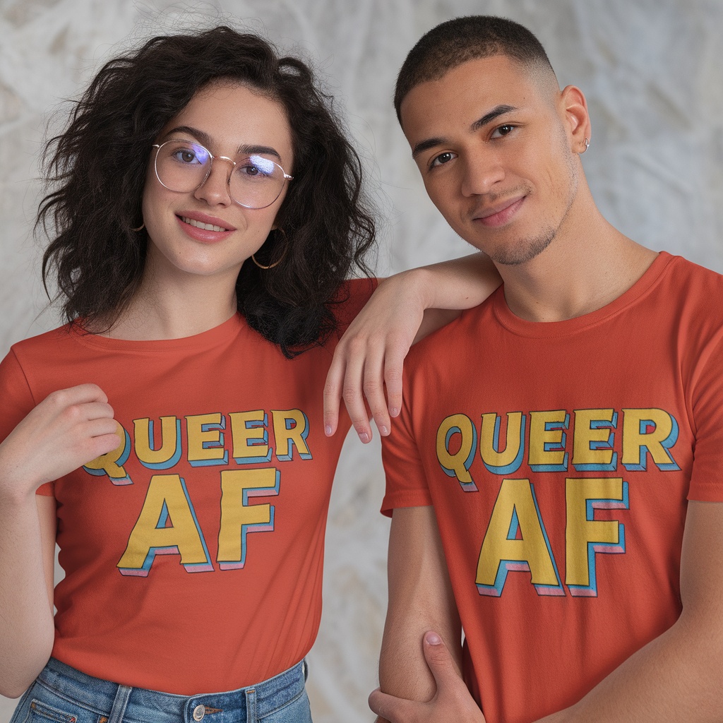 Two people wearing Queer AF t-shirts, showcasing pride and unity.