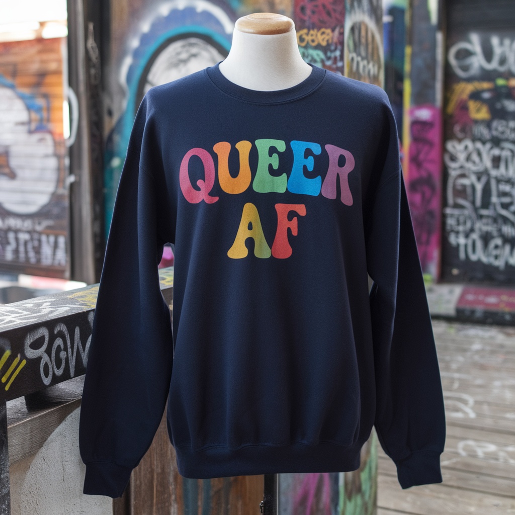 Colorful 'Queer AF' sweatshirt displayed on a mannequin against a graffiti backdrop.