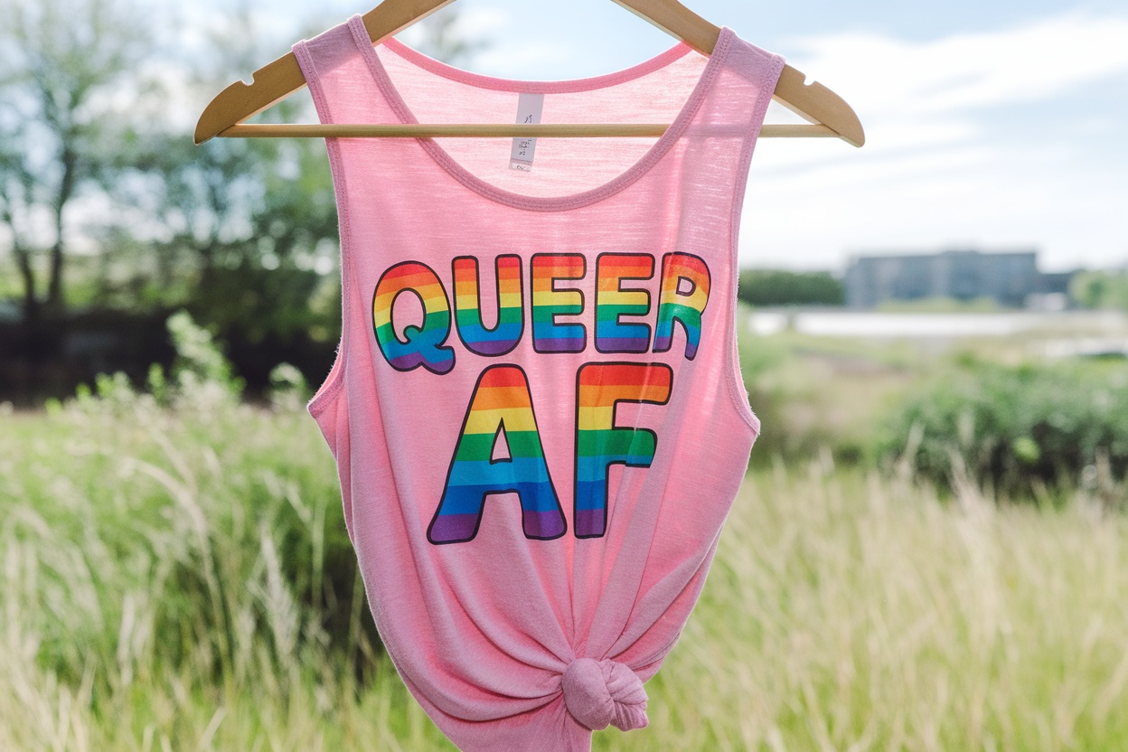 A model wearing a pink tank top that says 'QUEER AF' in rainbow colors.