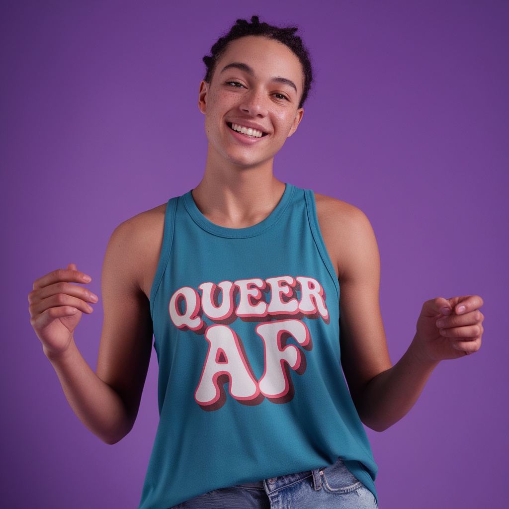 A person wearing a turquoise tank top with the text 'QUEER AF' in bold letters, smiling against a purple background.