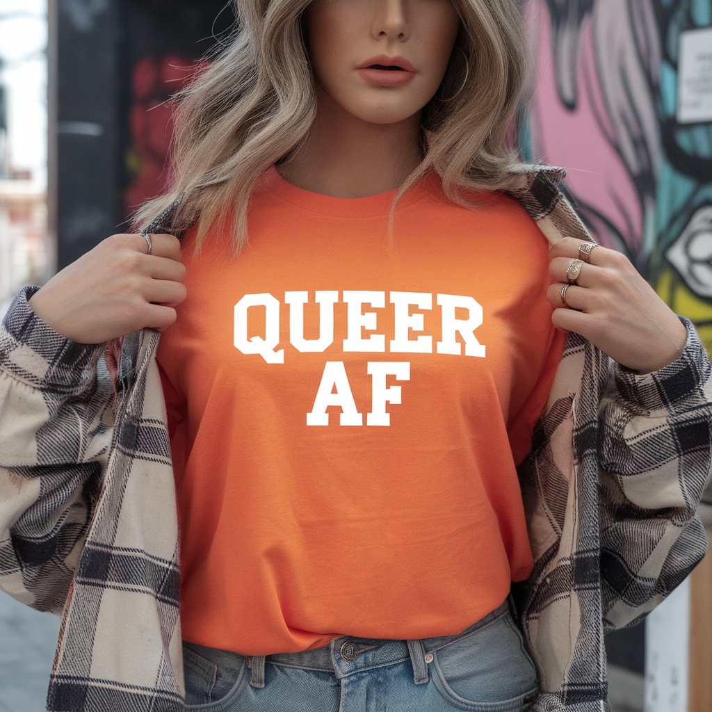 A person wearing an orange t-shirt that says 'QUEER AF' in white letters.