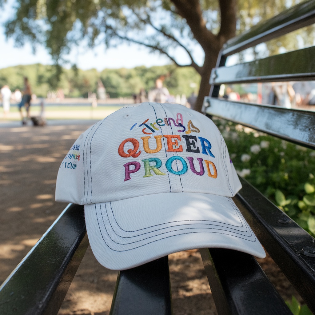 A stylish cap with the text 'Queer Proud' in colorful letters, resting on a bench.