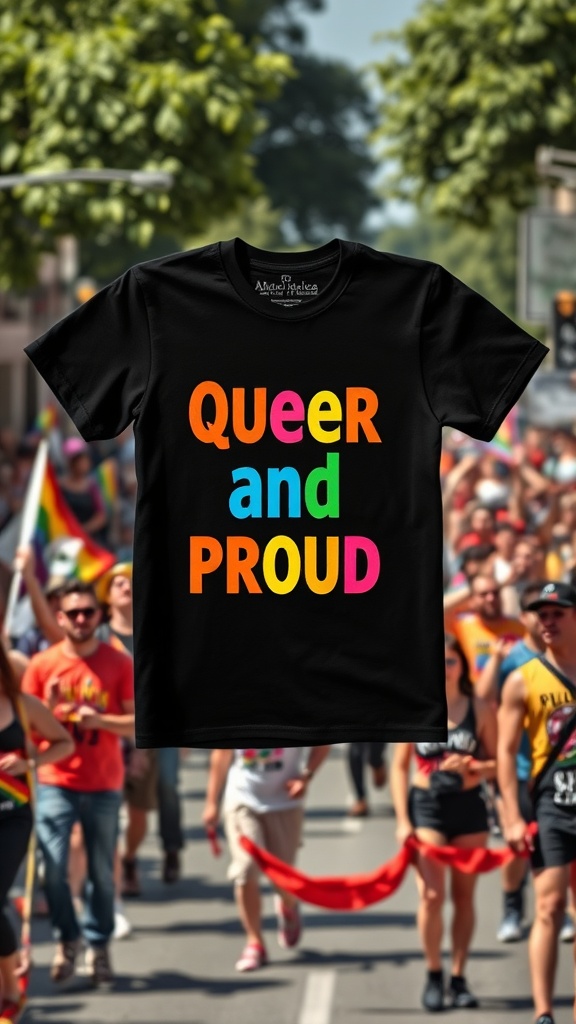 Queer and Proud T-Shirt displayed at a pride event