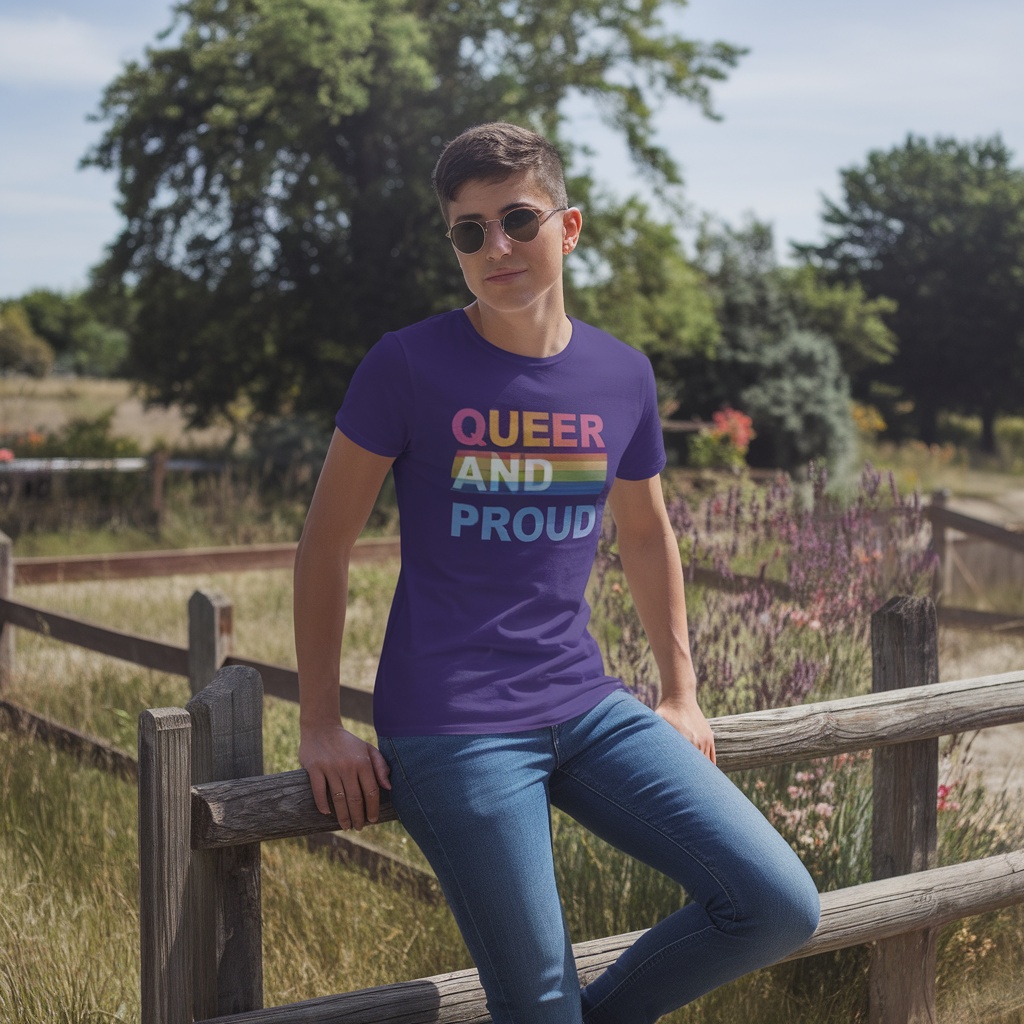 A person sitting on a fence wearing a purple t-shirt that says 'QUEER AND PROUD'.