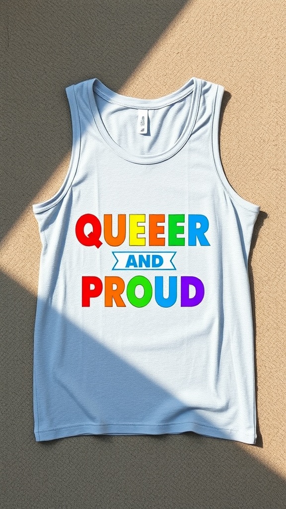 A model wearing a tank top that says 'Queer And Proud' in rainbow colors.