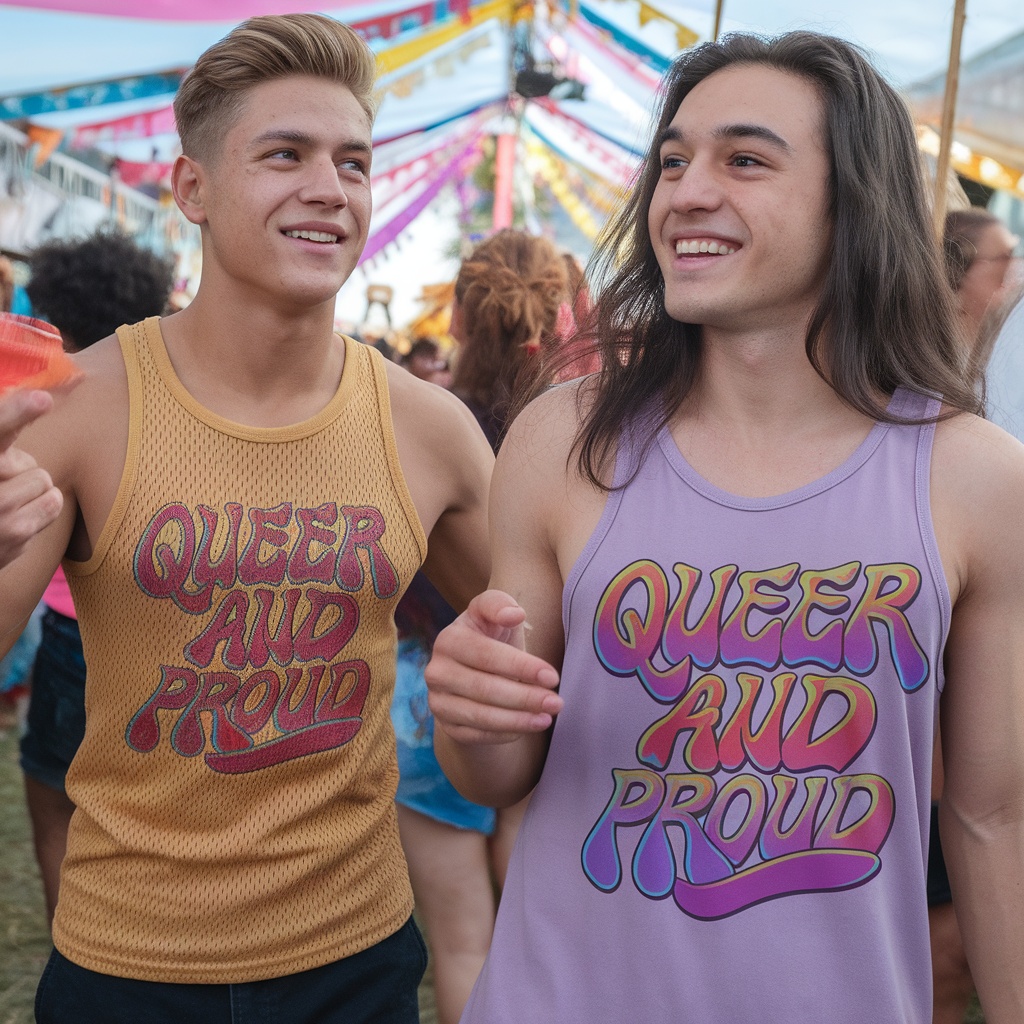 Two young men wearing colorful tank tops that say 'Queer And Proud' at a festive event.