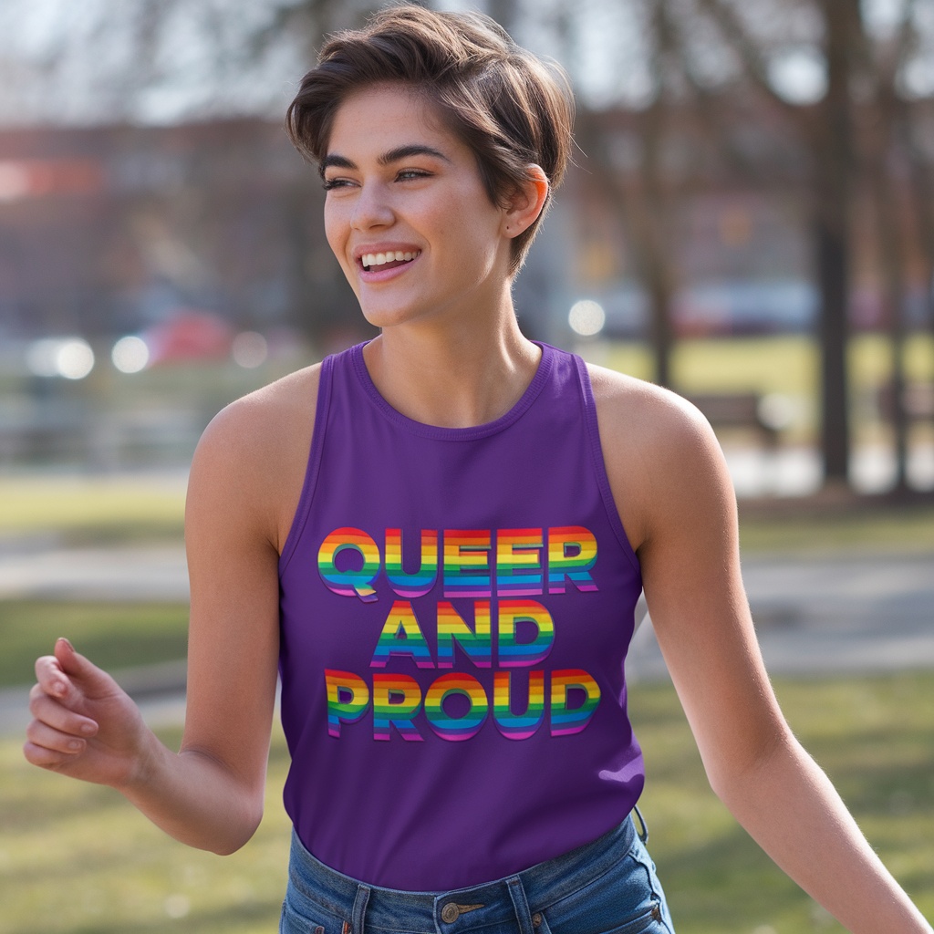 A young person wearing a purple tank top that says 'QUEER AND PROUD' in rainbow colors