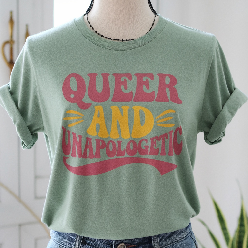 A green t-shirt with the text 'Queer And Unapologetic' in bright colors.
