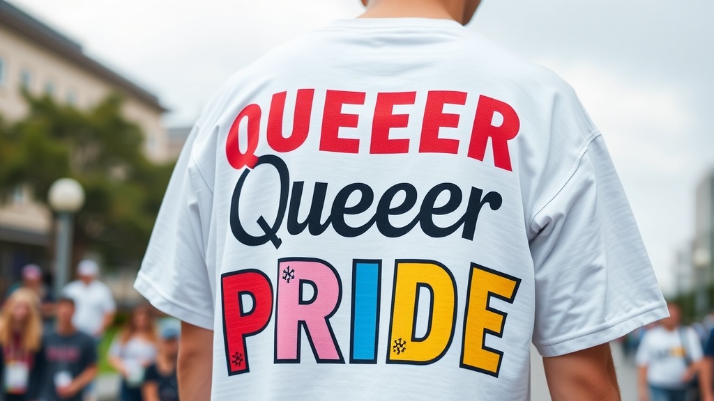 A person wearing a white t-shirt with 'QUEER' and 'PRIDE' printed on the back, showcasing a vibrant design.
