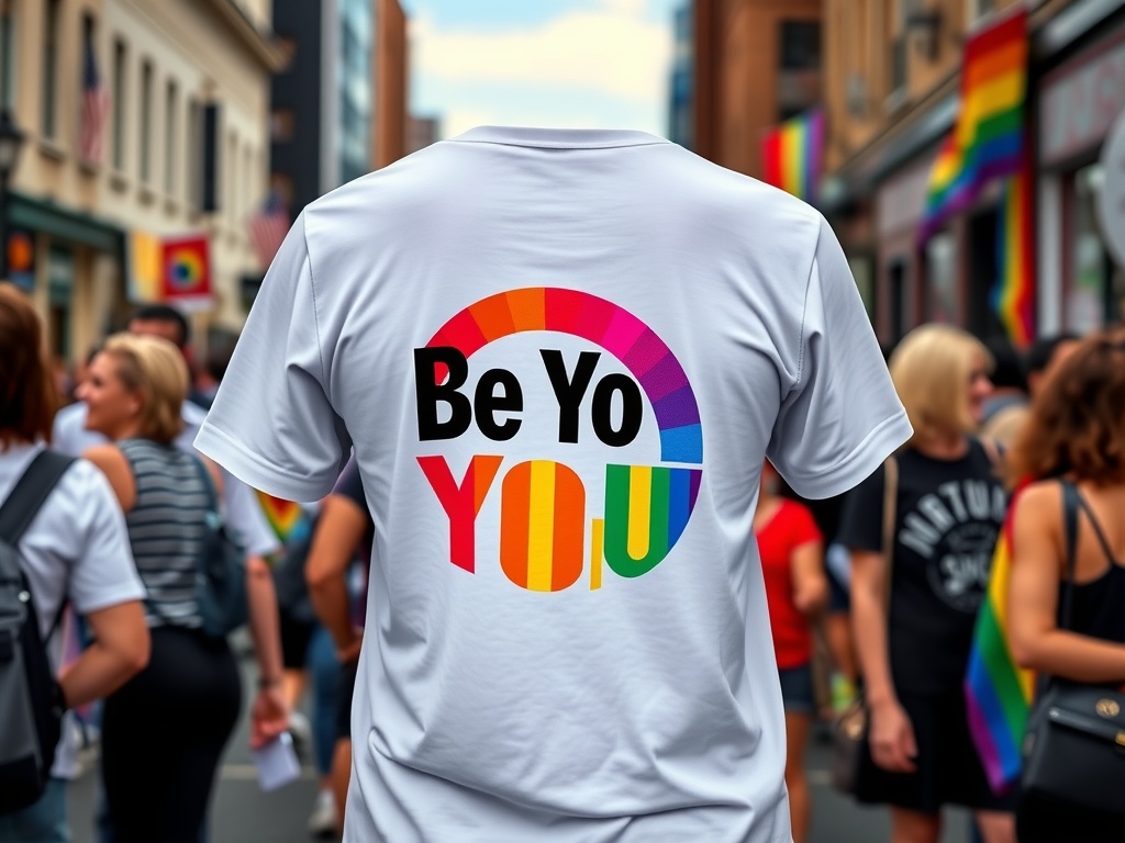 A person wearing a white Target Pride T-Shirt with the text 'Be You' in rainbow colors, with a crowd of people in the background celebrating Pride.