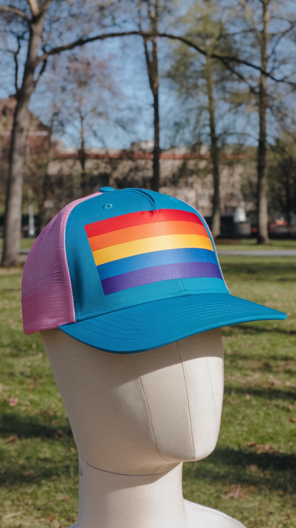 Trans Pride Flag Snapback Cap in front of a park setting.