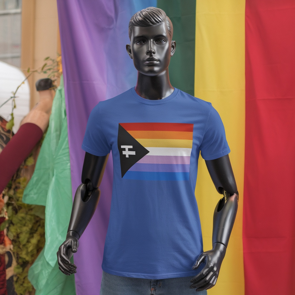 Trans Pride Flag T-Shirt displayed on a mannequin with colorful pride flags in the background.