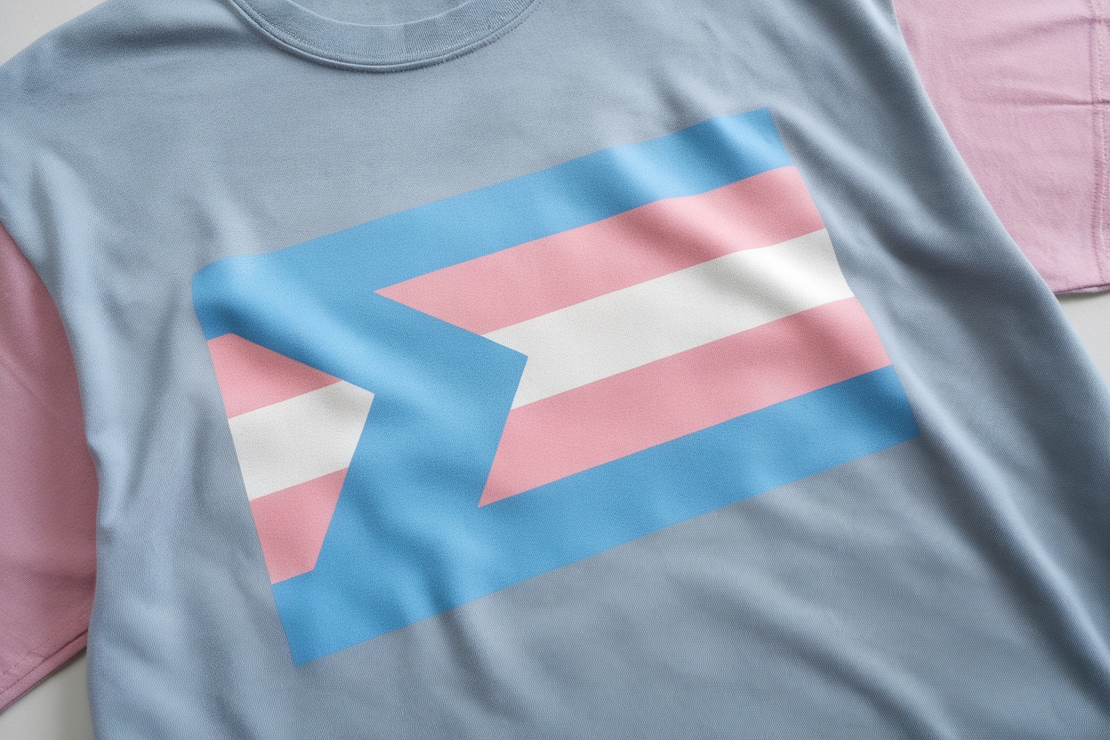 Group of diverse individuals wearing Trans Pride Flag T-Shirts, smiling and showing support for the LGBTQ+ community.