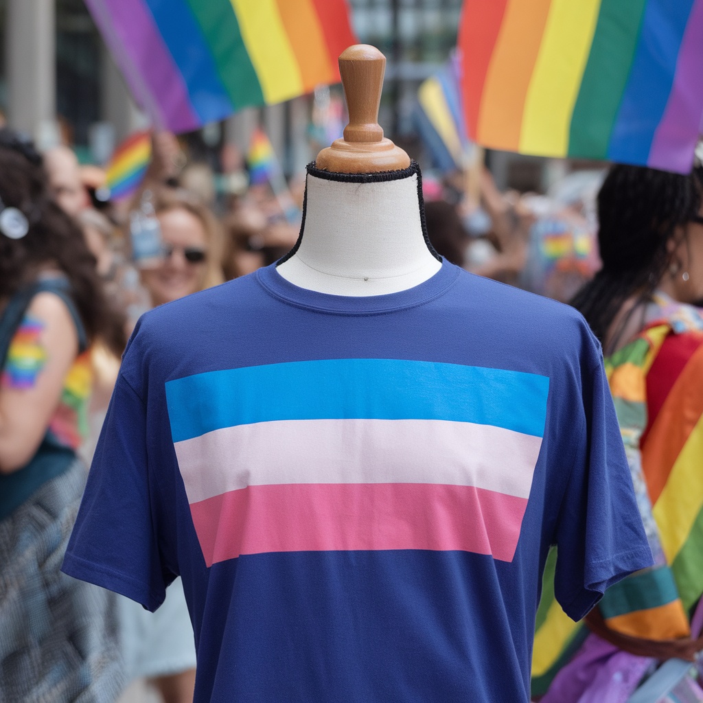 Trans Pride Flag T-Shirt displayed on a mannequin, with people celebrating in the background