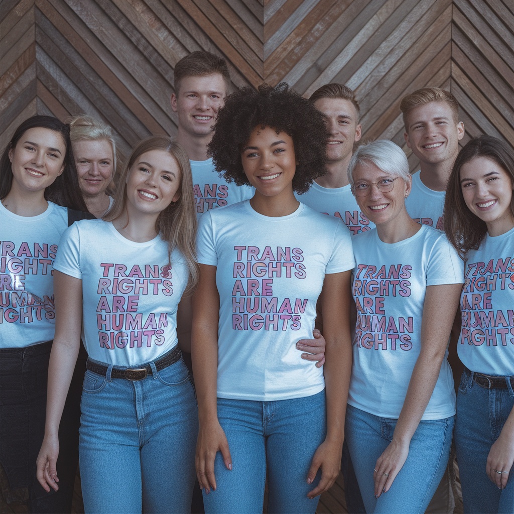 Group of diverse individuals wearing Trans Rights Are Human Rights shirts.