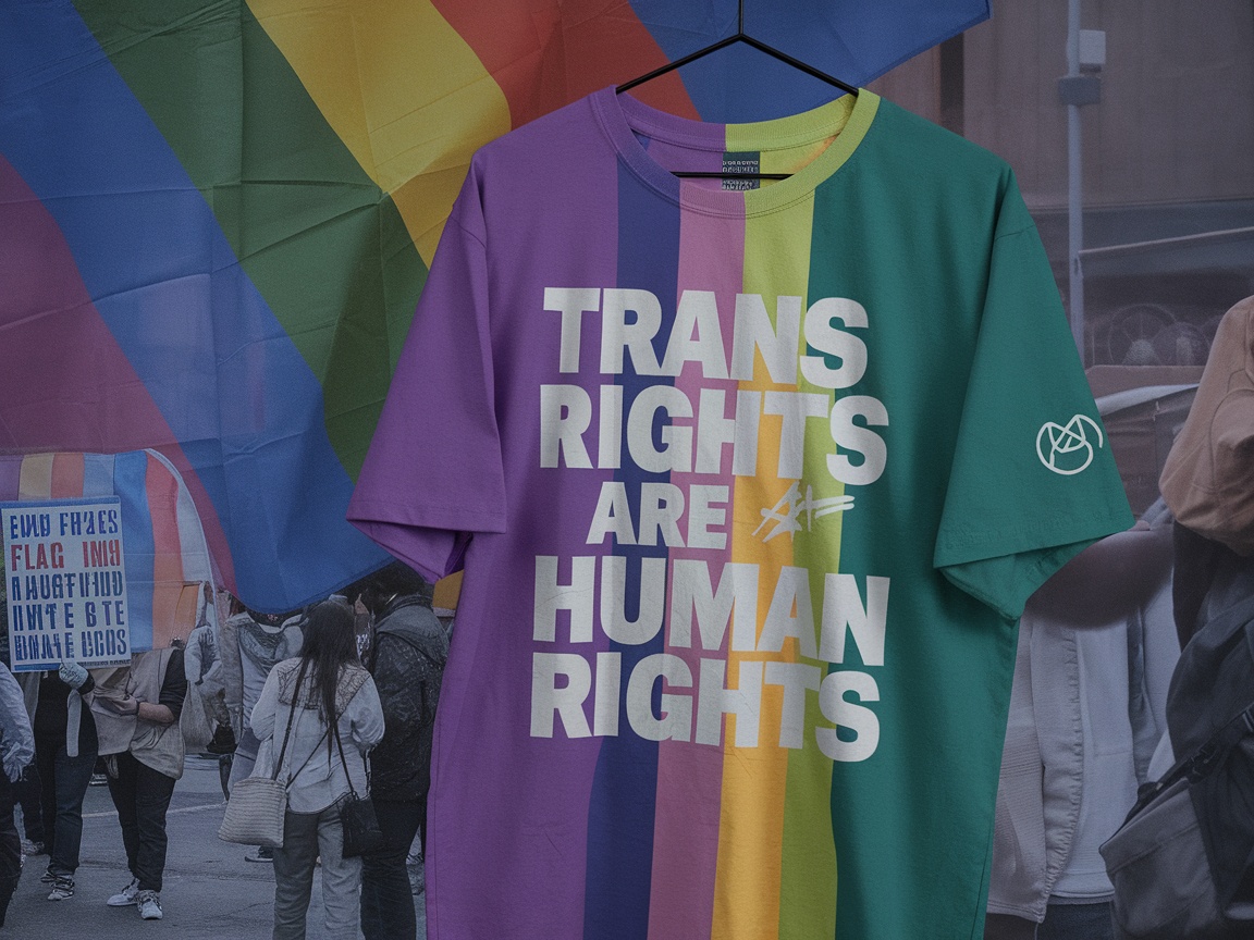 A person wearing a colorful pride shirt with the text 'Trans Rights Are Human Rights'