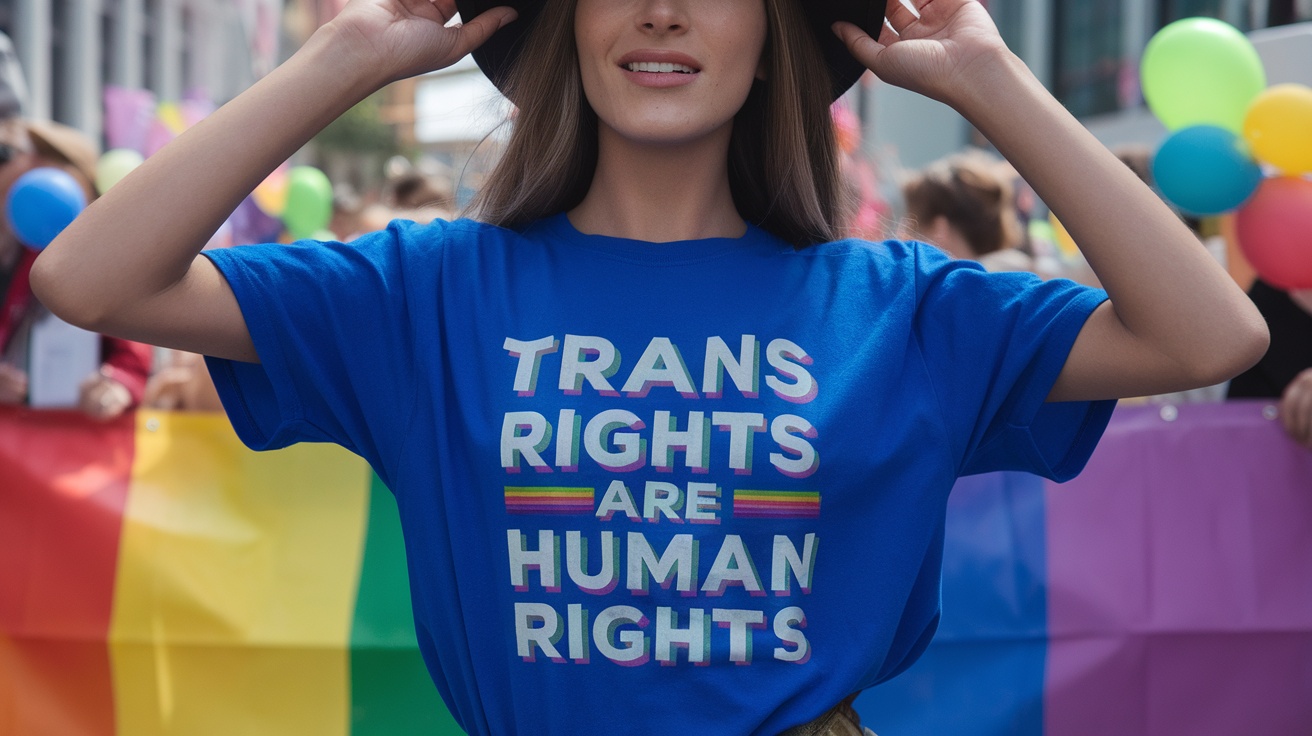 A person wearing a blue t-shirt that says 'Trans Rights Are Human Rights' at a pride event.