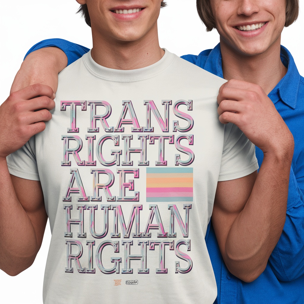 Two young men happily wearing a t-shirt that says 'Trans Rights Are Human Rights', showcasing inclusivity and support.