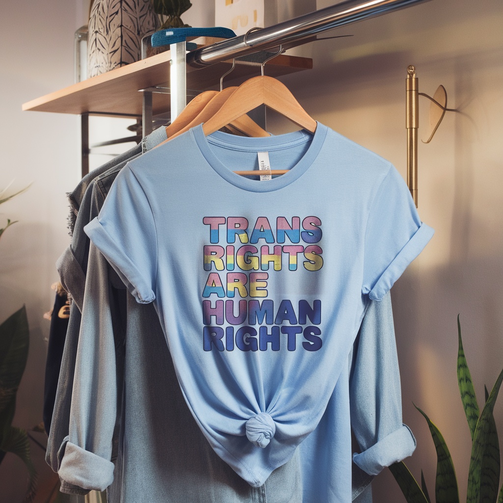 A light blue t-shirt with the text 'Trans Rights Are Human Rights' displayed prominently.