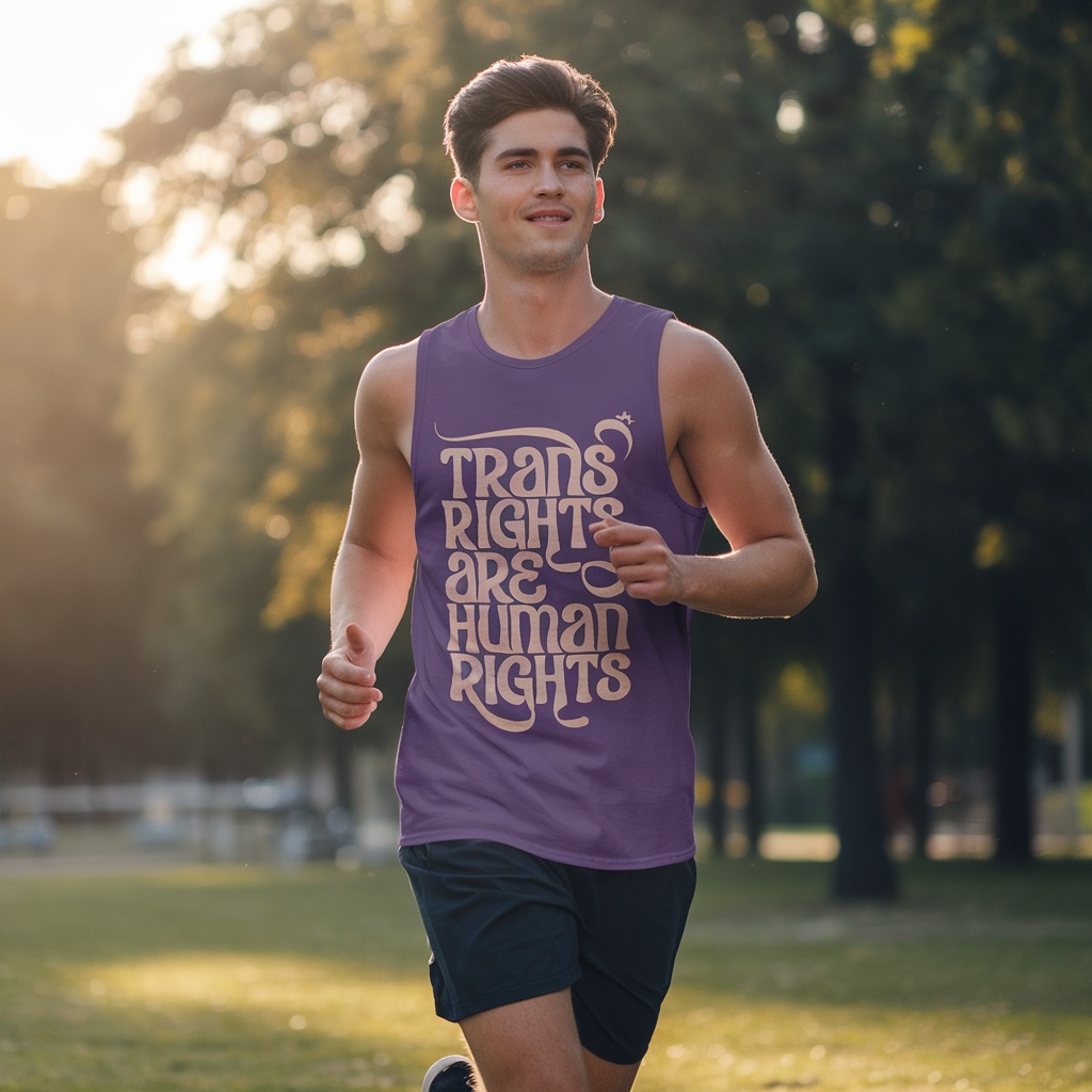 A young man jogging in a park wearing a purple tank top with the text 'Trans Rights Are Human Rights'.