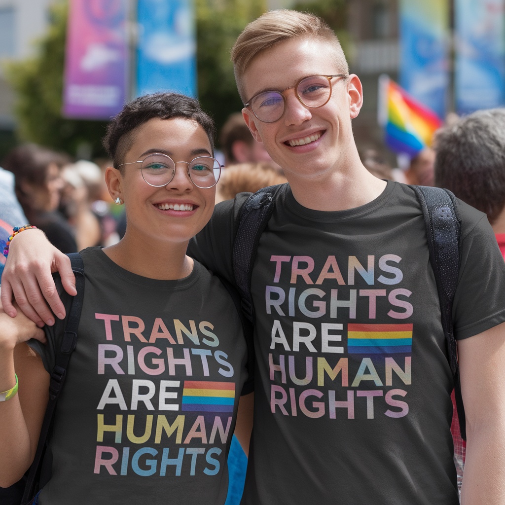 Two people smiling in matching t-shirts that say 'Trans Rights Are Human Rights' with pride colors.