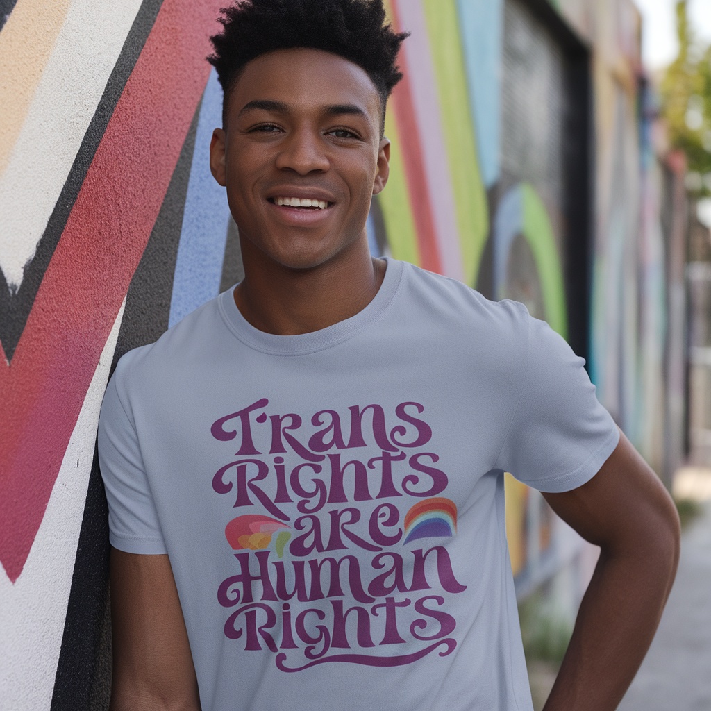 A smiling person wearing a 'Trans Rights Are Human Rights' t-shirt against a colorful mural.