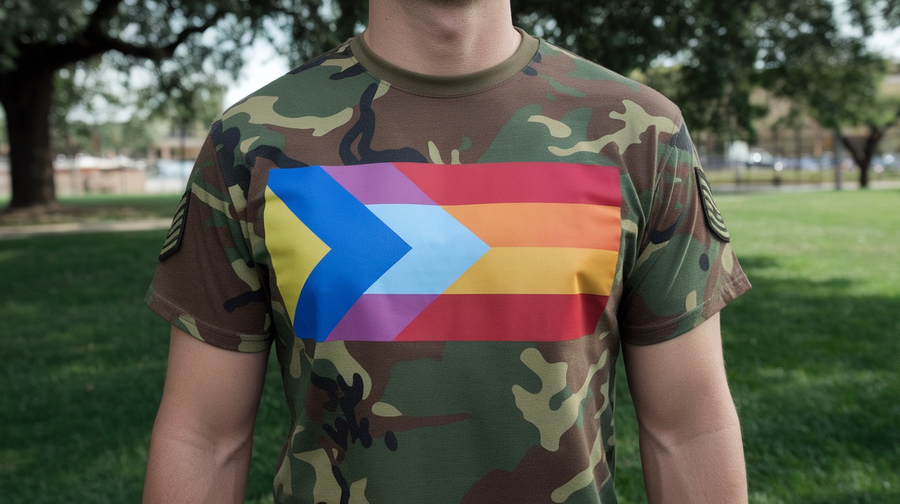 A person wearing a camouflage t-shirt featuring the Transgender Pride flag.
