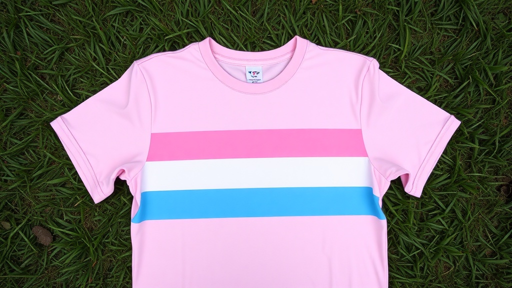 Transgender Pride T-shirt with pink, blue, and white stripes on grass