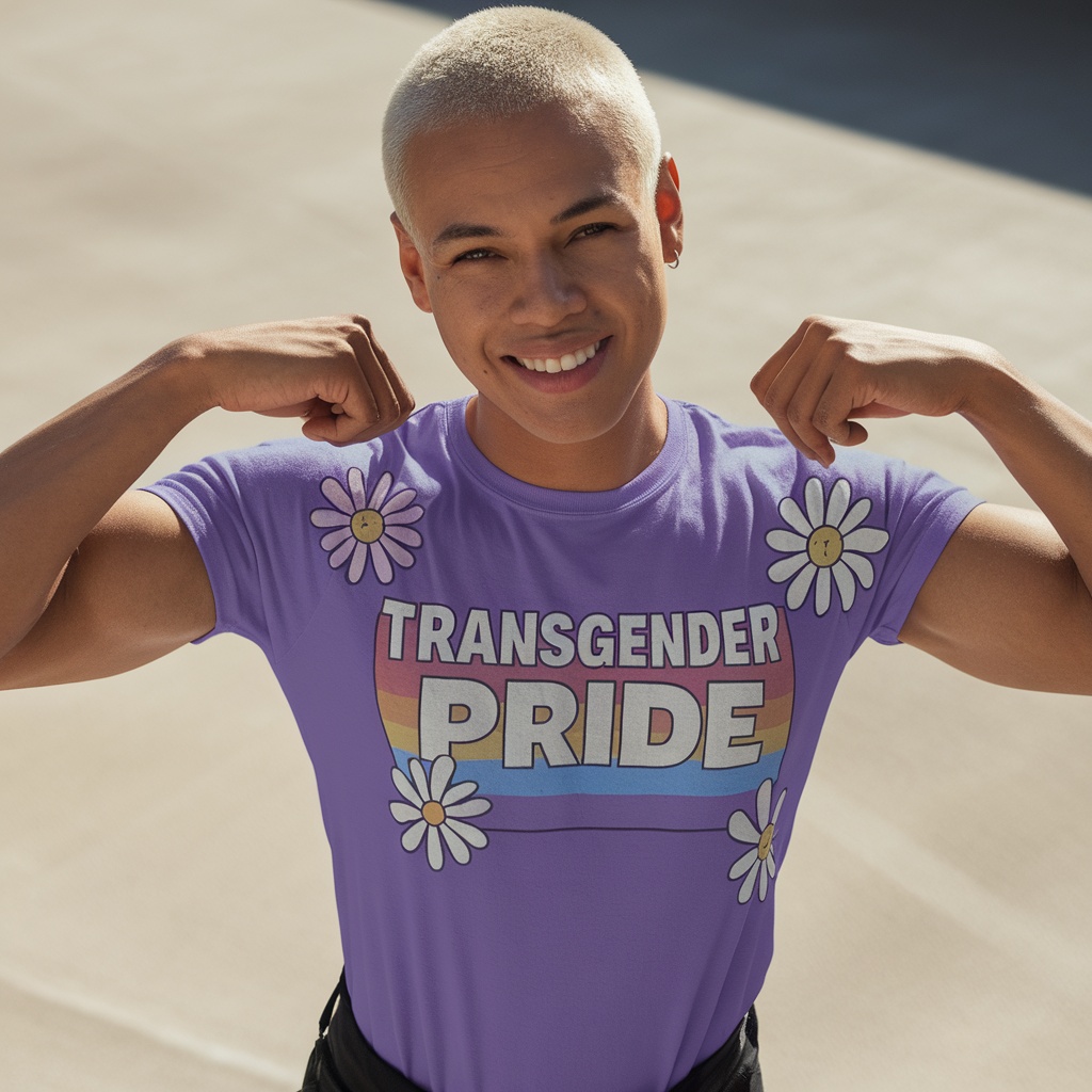 Person wearing a Transgender Pride T-Shirt with daisies
