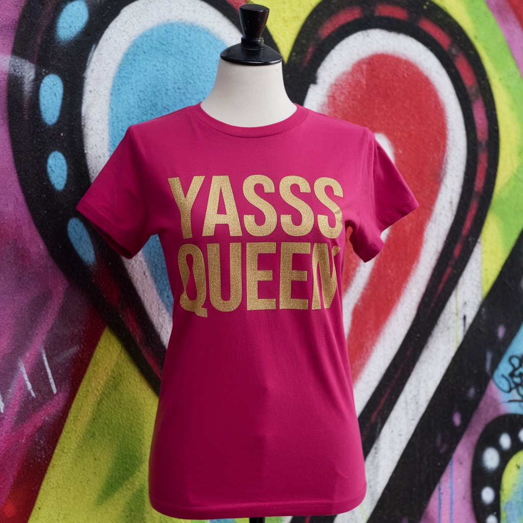 Yasss Queen T-Shirt on a mannequin against a colorful graffiti background